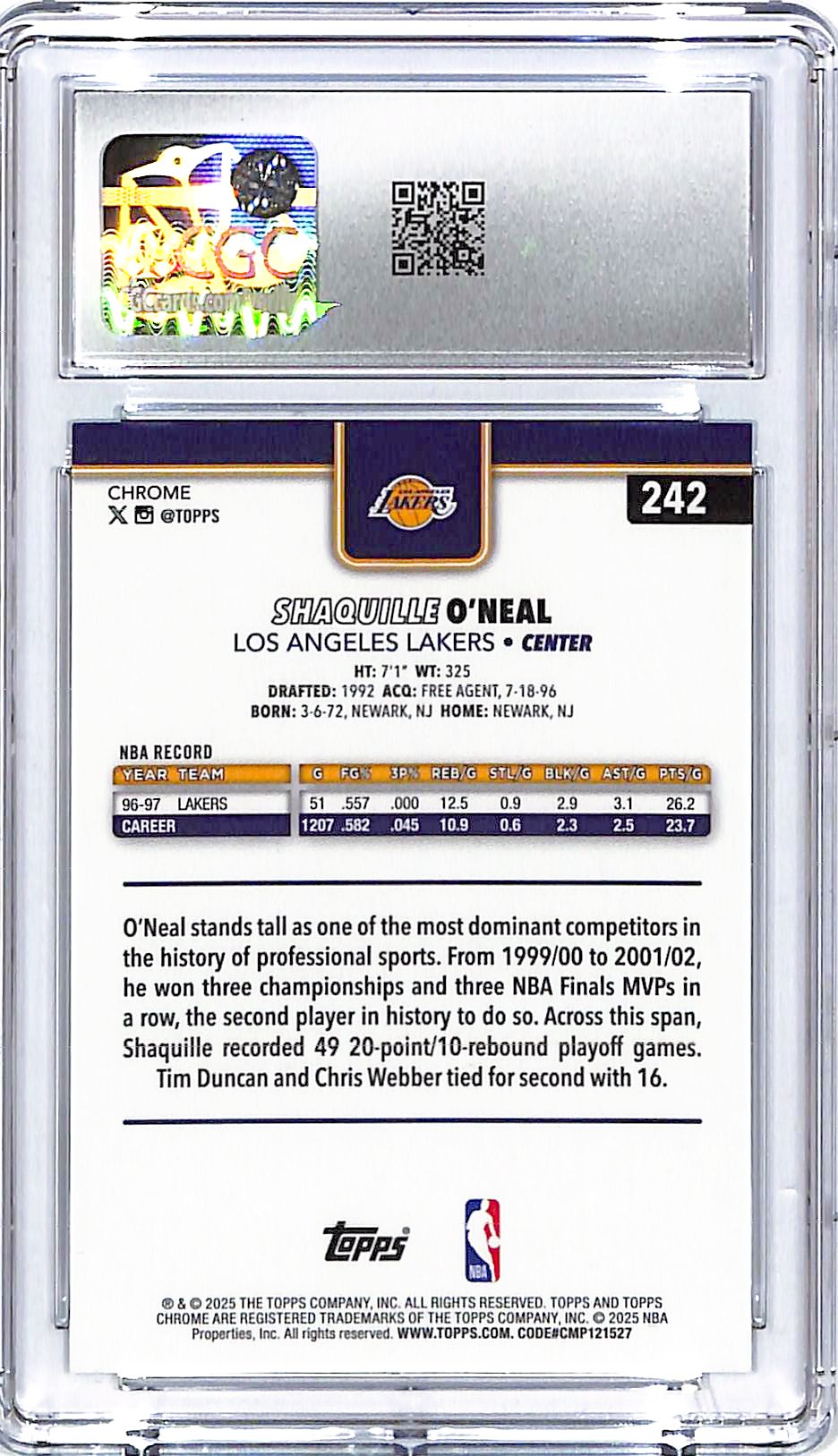 2025-26 Topps Chrome Shaquille O'Neal Aqua Refractor /199 CGC 9.5 Lakers
