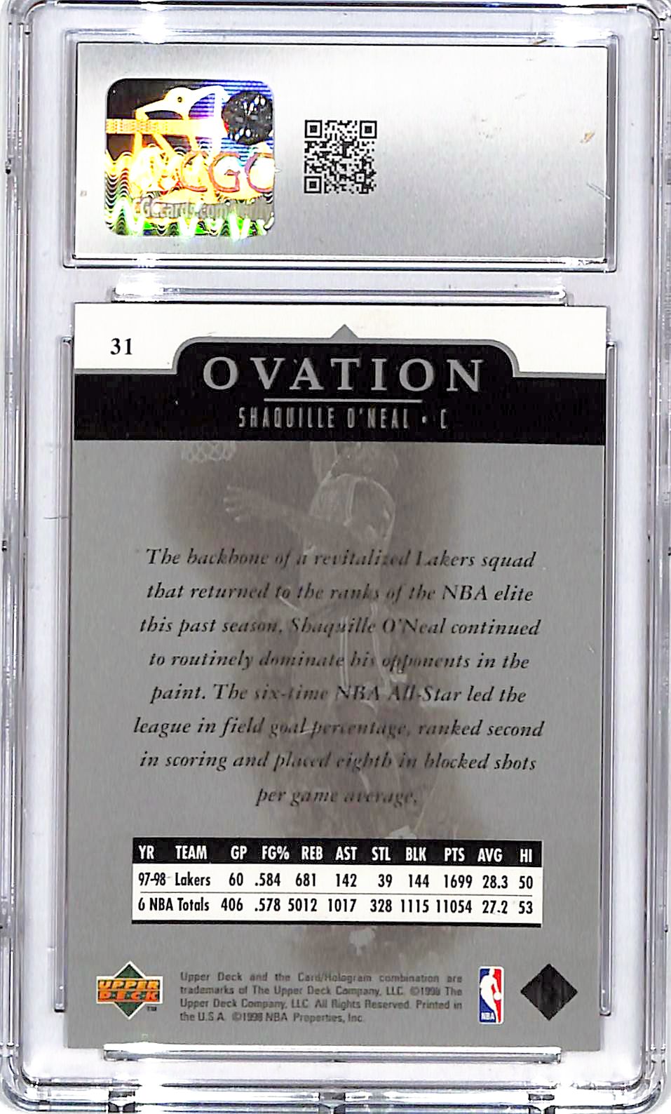 1998-99 Upper Deck Ovation Shaquille O'Neal #31 CGC 10 Lakers