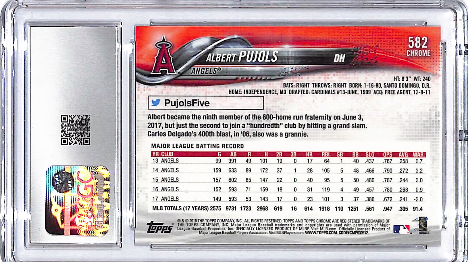 2018 Topps Chrome Sapphire Albert Pujols #582 CGC 10 Angels