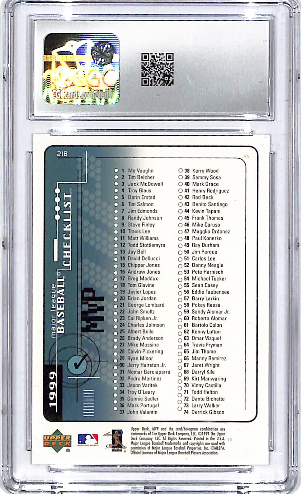 1999 Upper Deck MVP Ken Griffey Jr Checklist #218 CGC 10 Mariners
