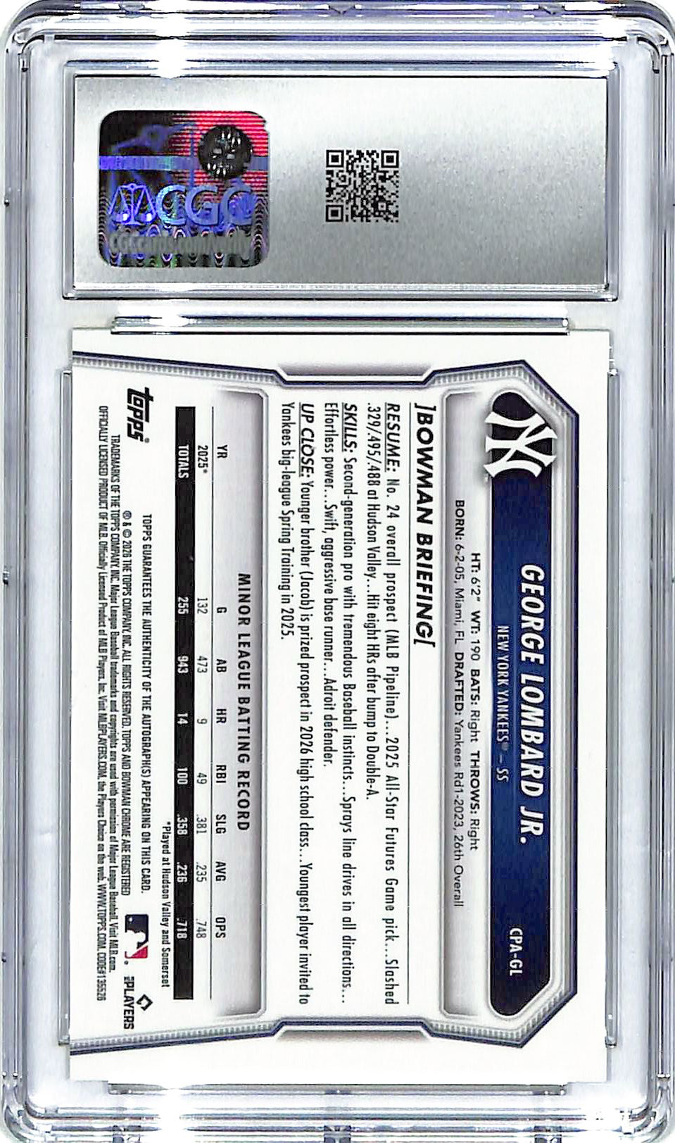 2026 George Lombard Jr. Bowman Chrome Yellow Auto #4/75 CGC Gem Mint 10  Auto 10