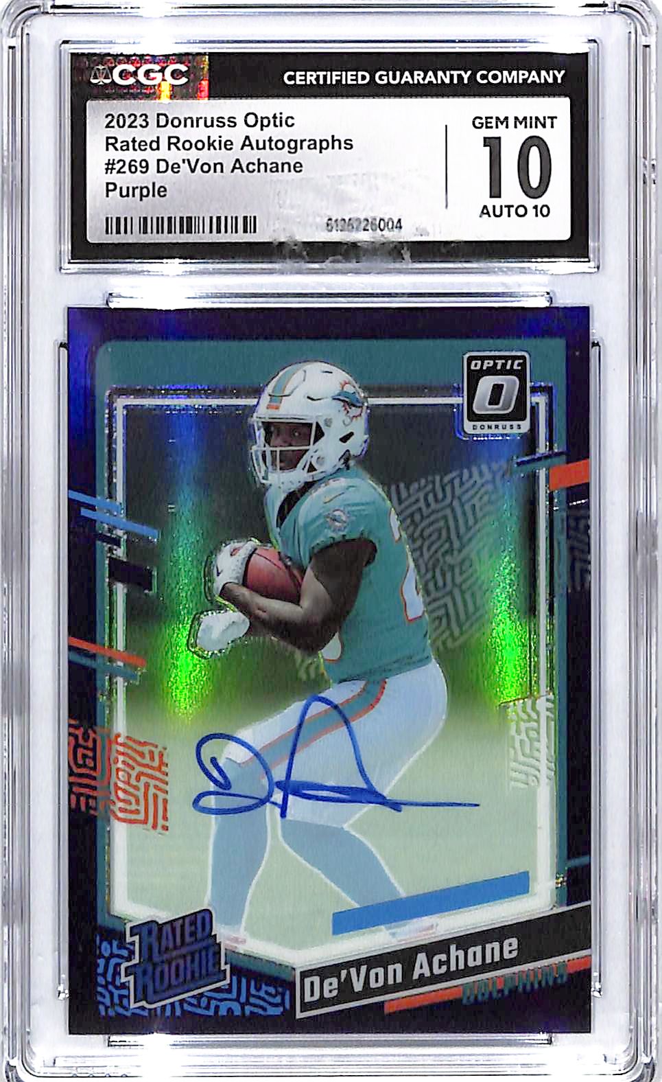 2023 Donruss Optic De'Von Achane Rated Rookie RC Auto Autograph Purple CGC 10 /35