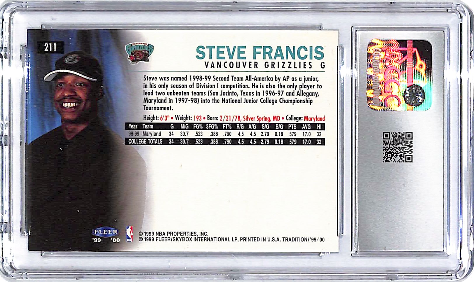 1999-00 Fleer Tradition Steve Francis Rookie RC #211 CGC 9 Grizzlies