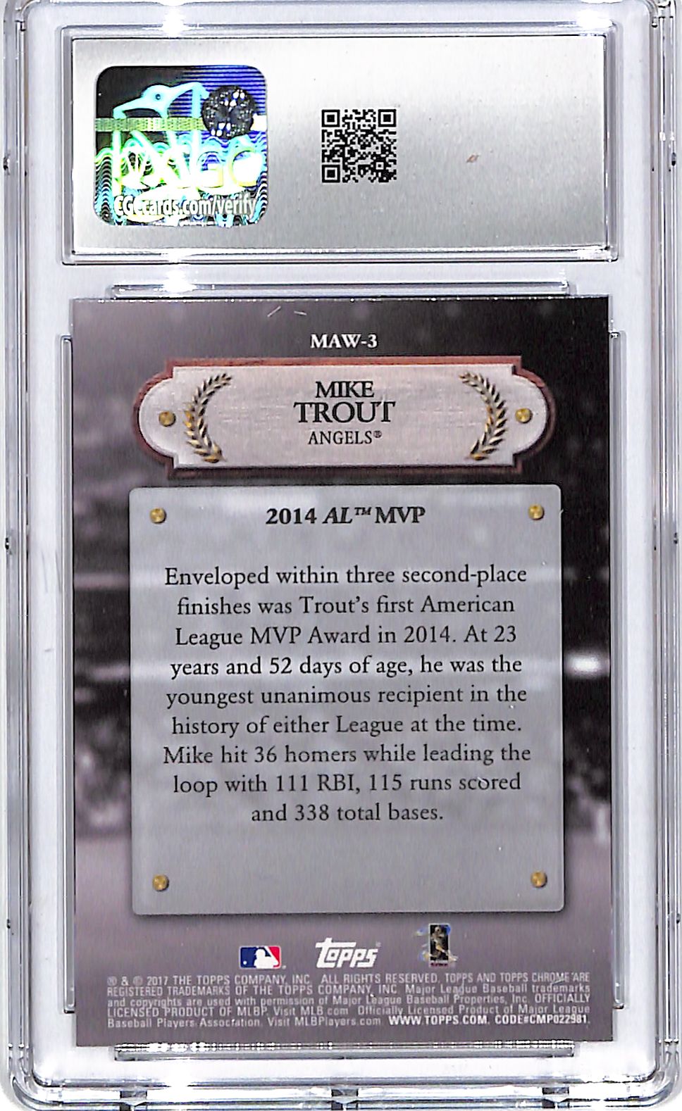 2017 Topps Chrome Mike Trout MLB Award Winners CGC 10 Angels