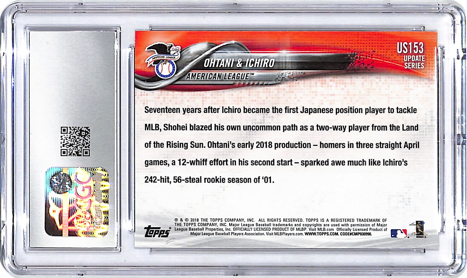 2018 Topps Update Shohei Ohtani Ichiro Japan's Finest Rookie RC US153 CGC 10 Angels