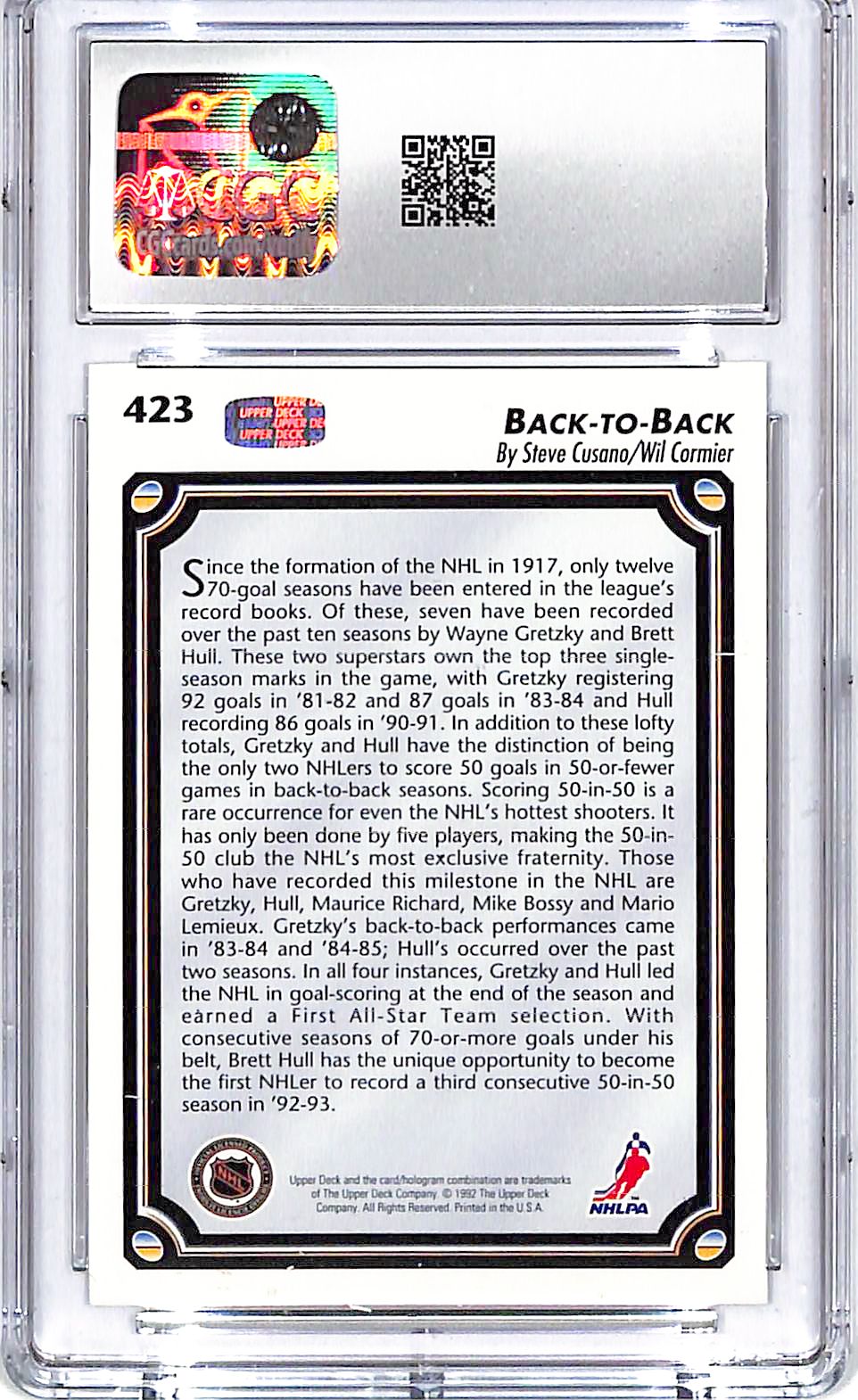 1992-93 Upper Deck Wayne Gretzky Brett Hull Back to Back #423 CGC 9.5