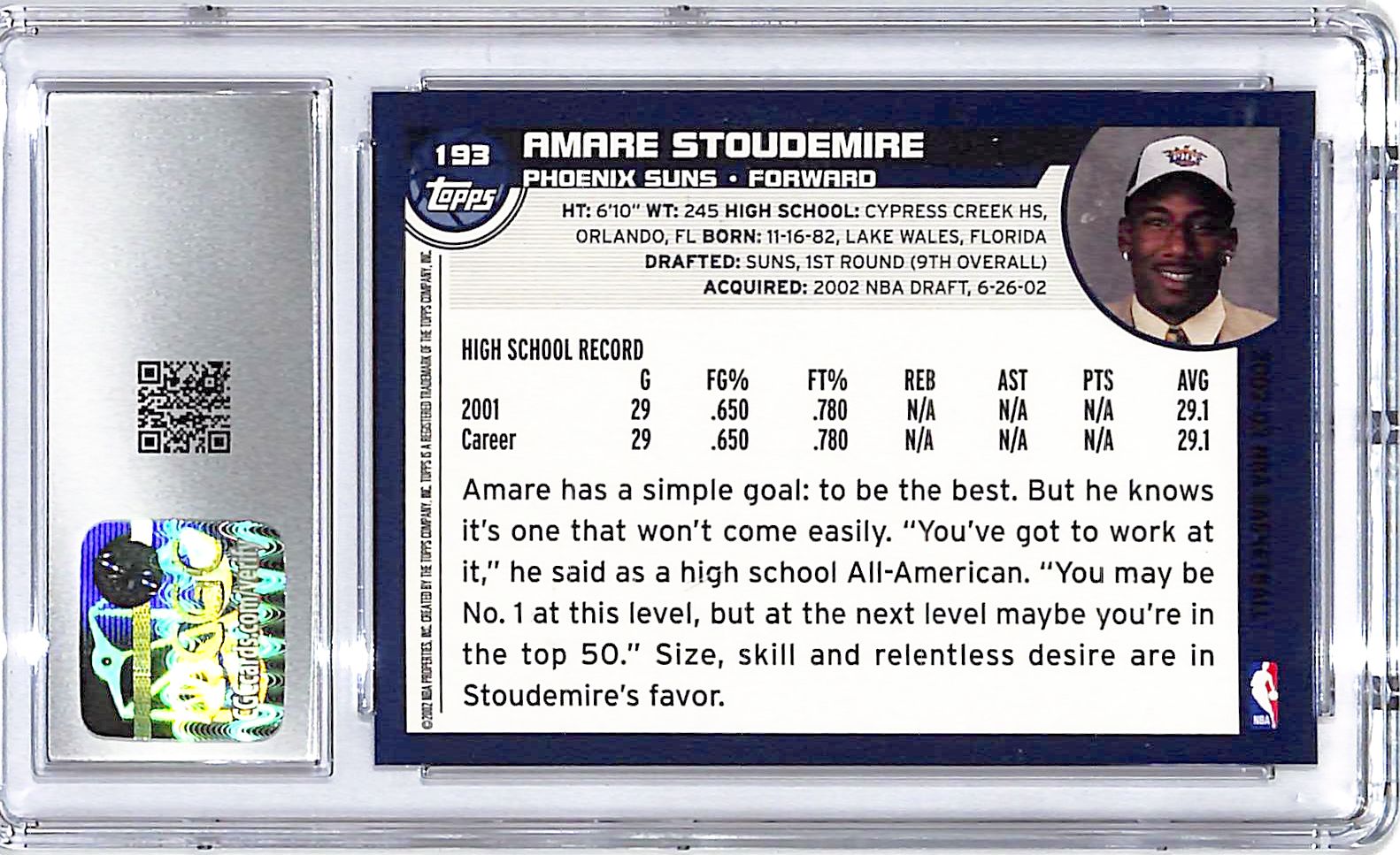 2002-03 Topps Amar'e Stoudemire Rookie RC #193 CGC 9.5 Suns