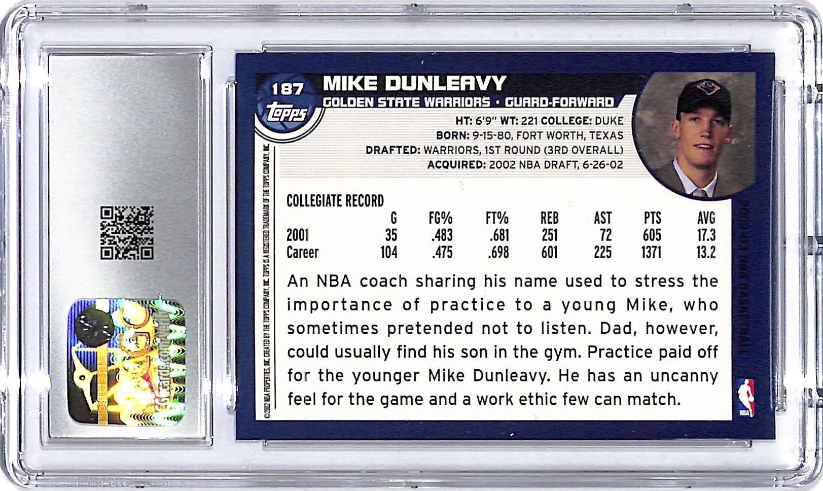 2002-03 Topps Mike Dunleavy Rookie RC #187 CGC 9.5 Warriors