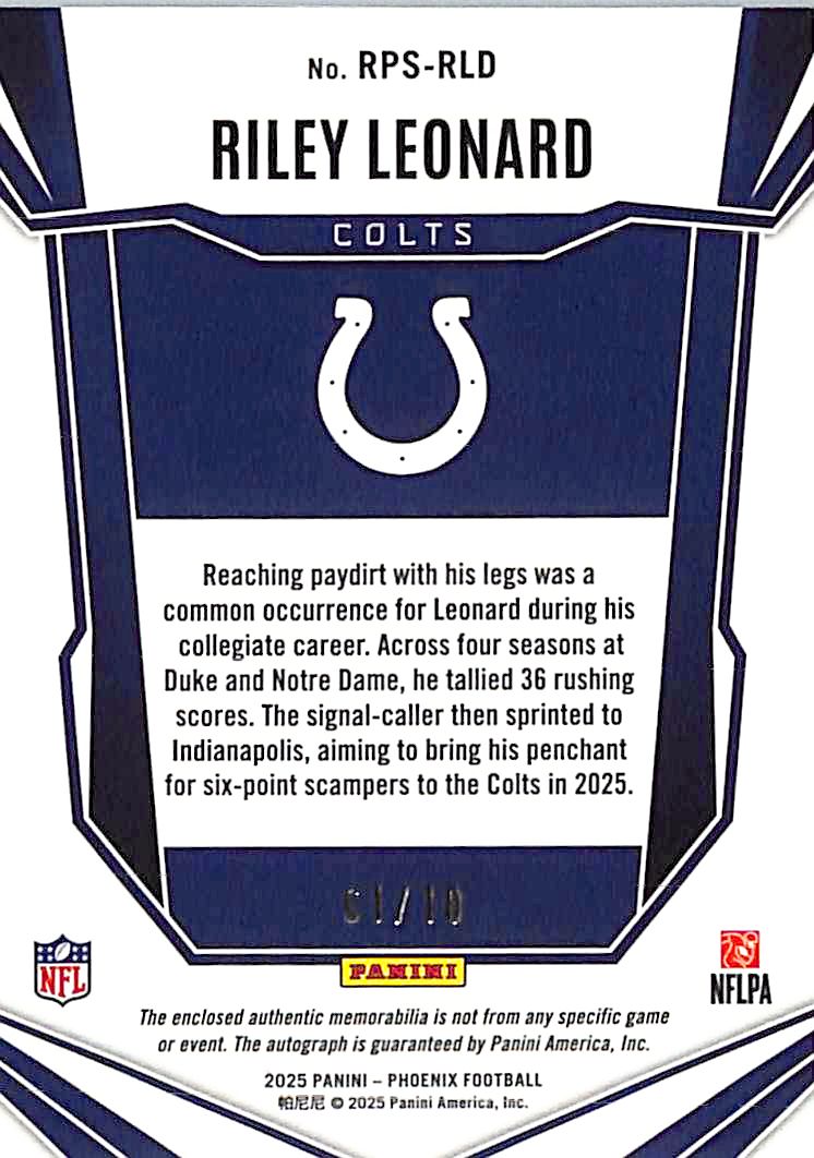 2025 Phoenix Riley Leonard Auto Autograph Nike Swoosh Patch Rookie Gold /10 Colts