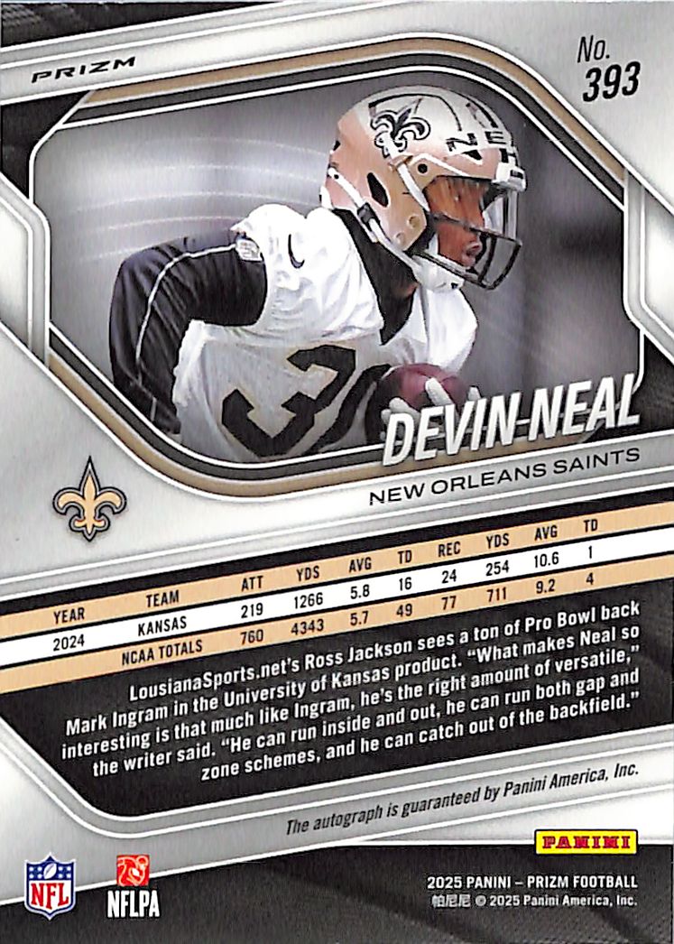 2025 Prizm Devin Neal Auto Autograph Rookie RC Silver Saints