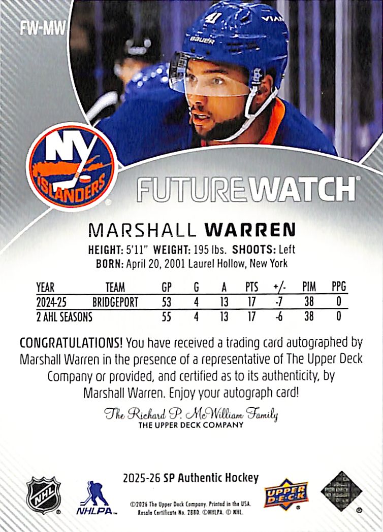 2025-26 SP Authentic Marshall Warren Future Watch Auto Autograph Rookie /999