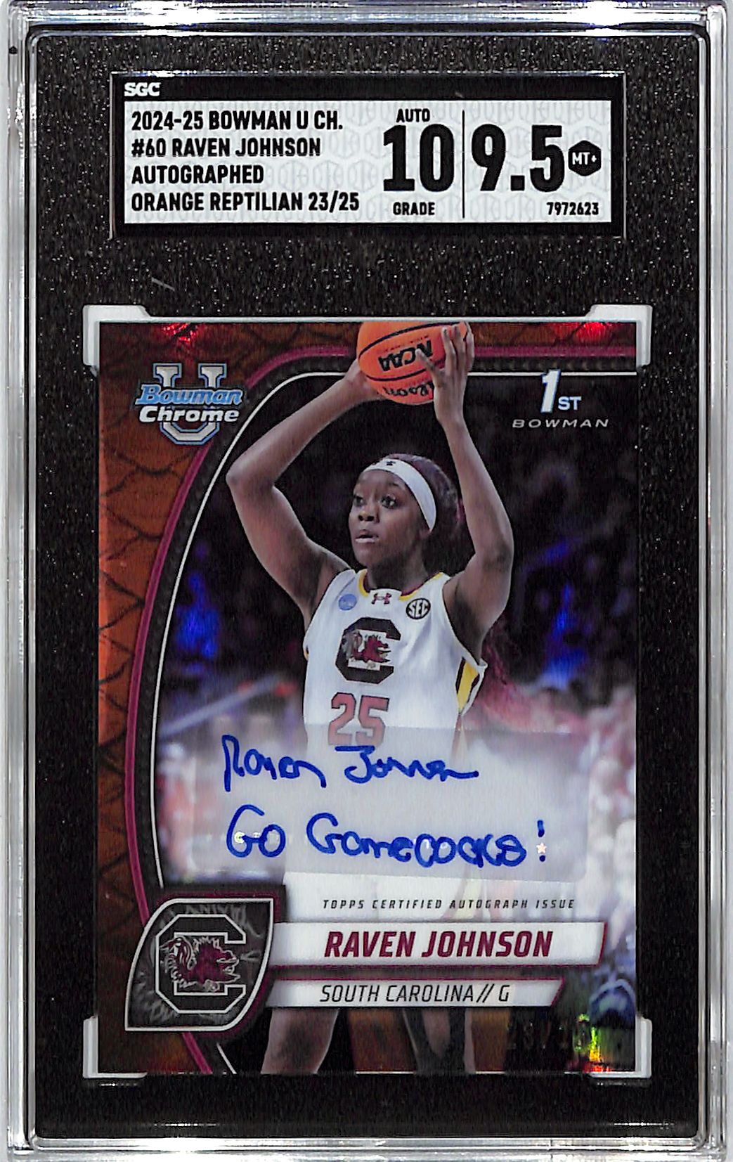 2024-25 Bowman Chrome University Raven Johnson Auto Autograph Rookie Orange Reptilian /25 SGC 9.5