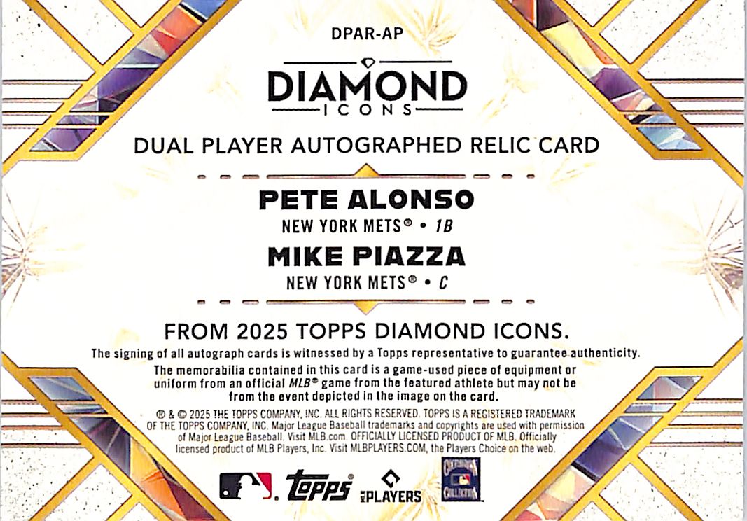 2025 Topps Diamond Icons Pete Alonso Mike Piazza Auto Autograph Patch Jersey /25