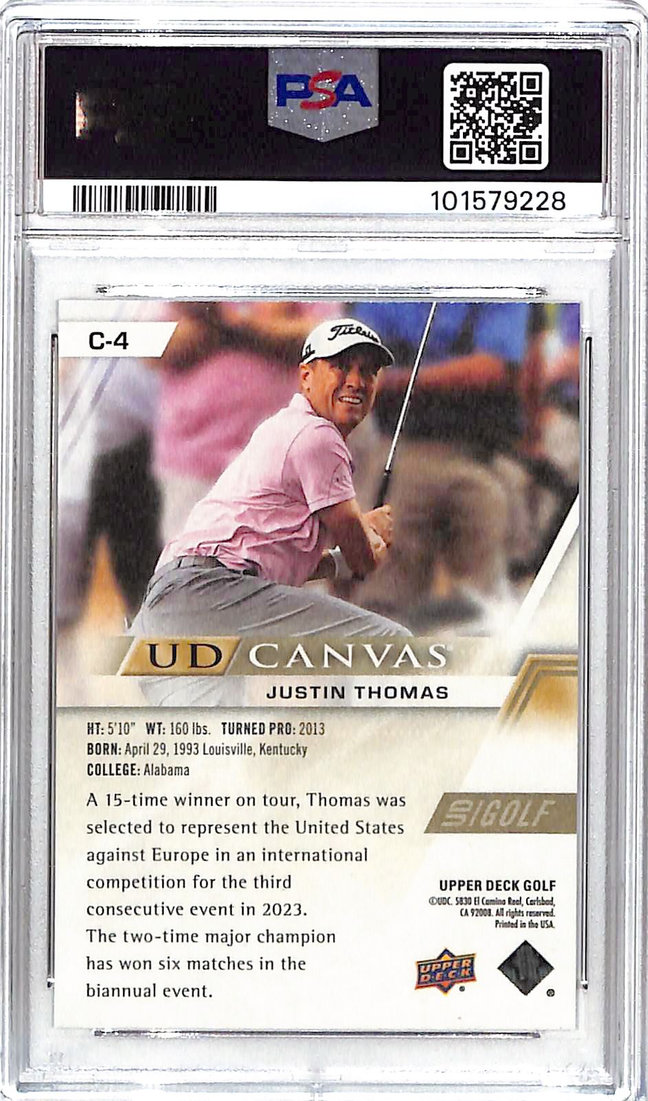 2024 Upper Deck Golf Justin Thomas UD Canvas Auto Autograph PSA DNA Authentic 10
