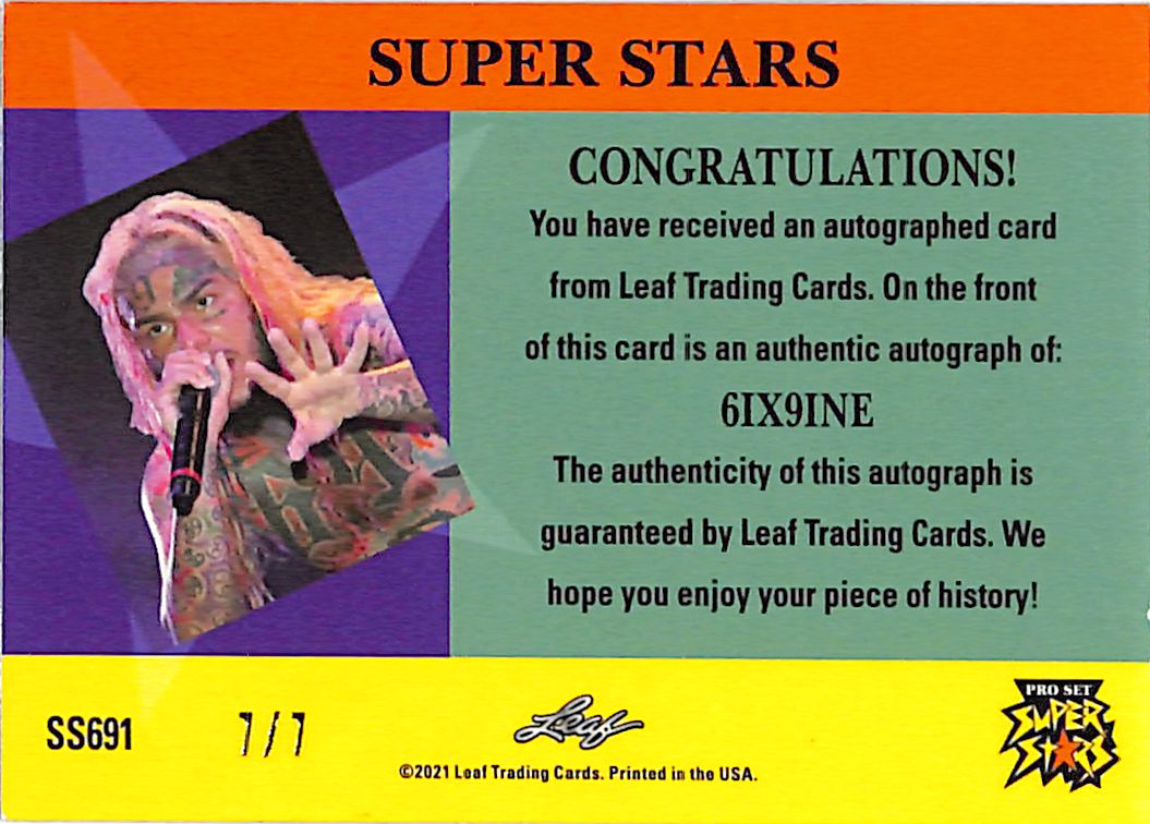 2021 Leaf Pro Set Super Stars 6ix9ine Auto Autograph Black Ice /7