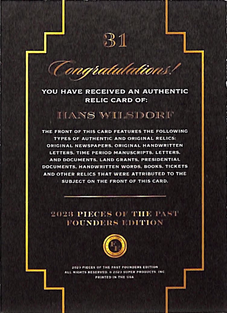 2023 Pieces of the Past Founders Edition Hans Wilsdorf Relic