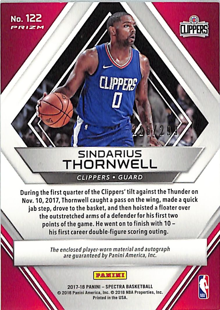 2017-18 Spectra Sindarius Thornwell Auto Autograph Rookie RC Patch /299 Clippers