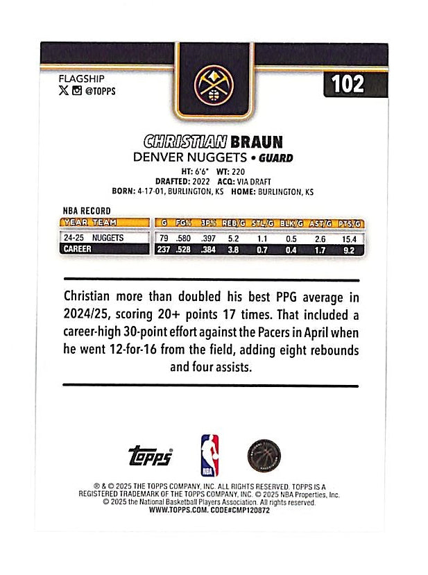 2025-26 Topps Christian Braun Orange Foil /25 Nuggets