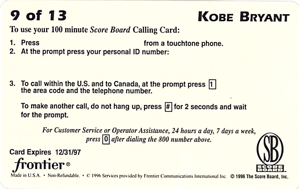 1996 Score Board Kobe Bryant Phone Card 100 Rookie RC Lakers
