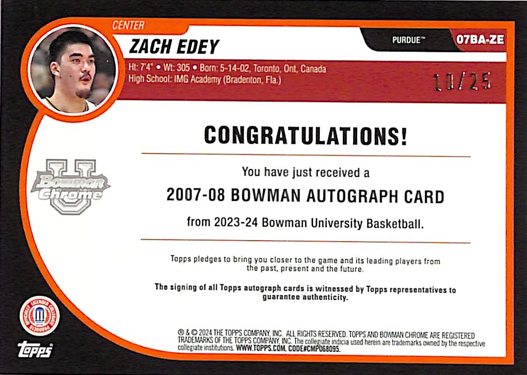 2023-24 Bowman Chrome University Zach Edey Auto Autograph Orange Refractor /25