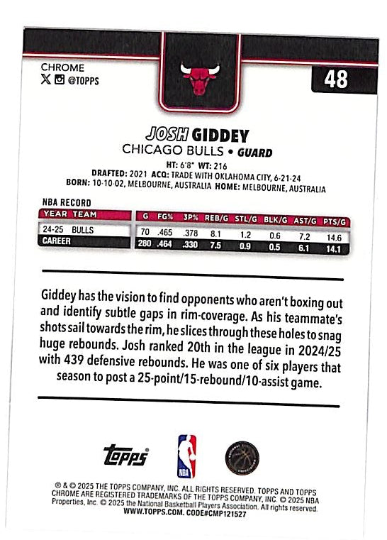 2025-26 Topps Chrome Josh Giddy Red Wave Refractor /5 Bulls