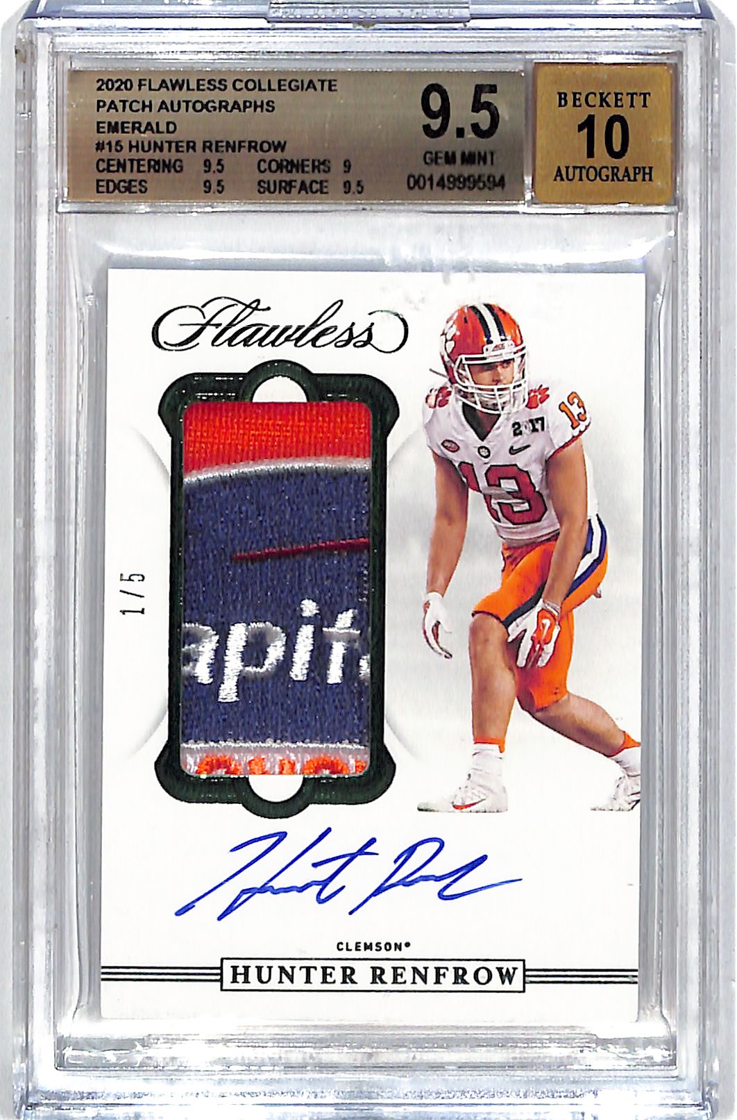 2020 Flawless Collegiate Hunter Renfrow Auto Autograph Rookie RC Patch BGS 9.5 /5