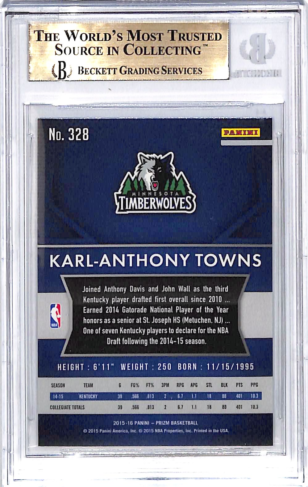 2015-16 Prizm Karl-Anthony Towns Rookie RC #328 BGS 9.5 Timberwolves