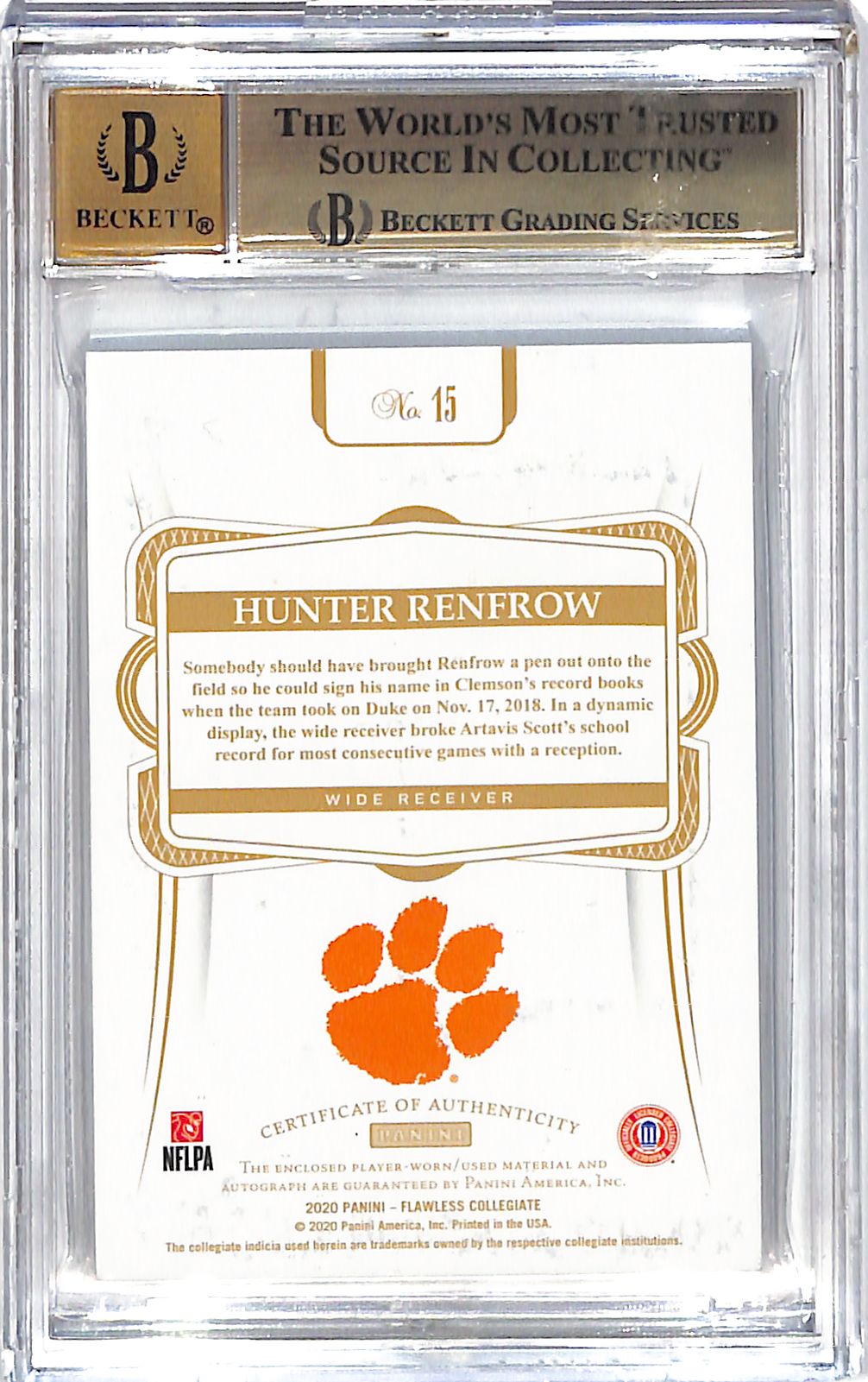 2020 Flawless Collegiate Hunter Renfrow Auto Autograph Rookie RC Patch BGS 9.5 /5