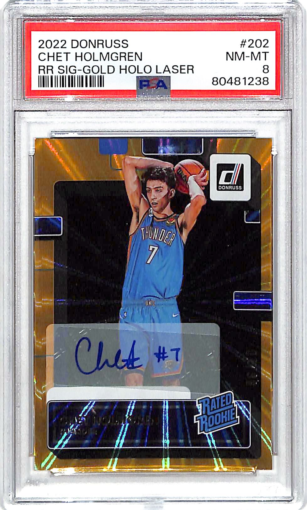 2022-23 Donruss Chet Holmgren Auto Autograph Rookie RC Gold Laser /10 PSA 8