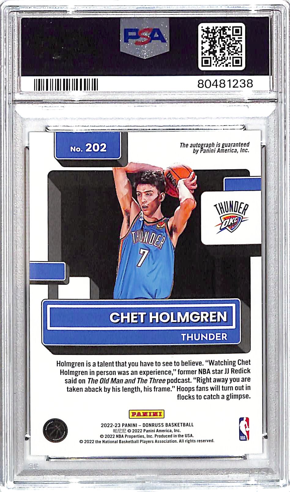 2022-23 Donruss Chet Holmgren Auto Autograph Rookie RC Gold Laser /10 PSA 8