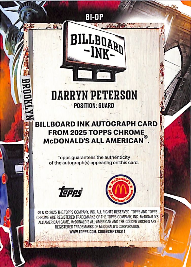 2025 Topps Chrome Mcdonalds All American Darryn Peterson Auto Autograph /75