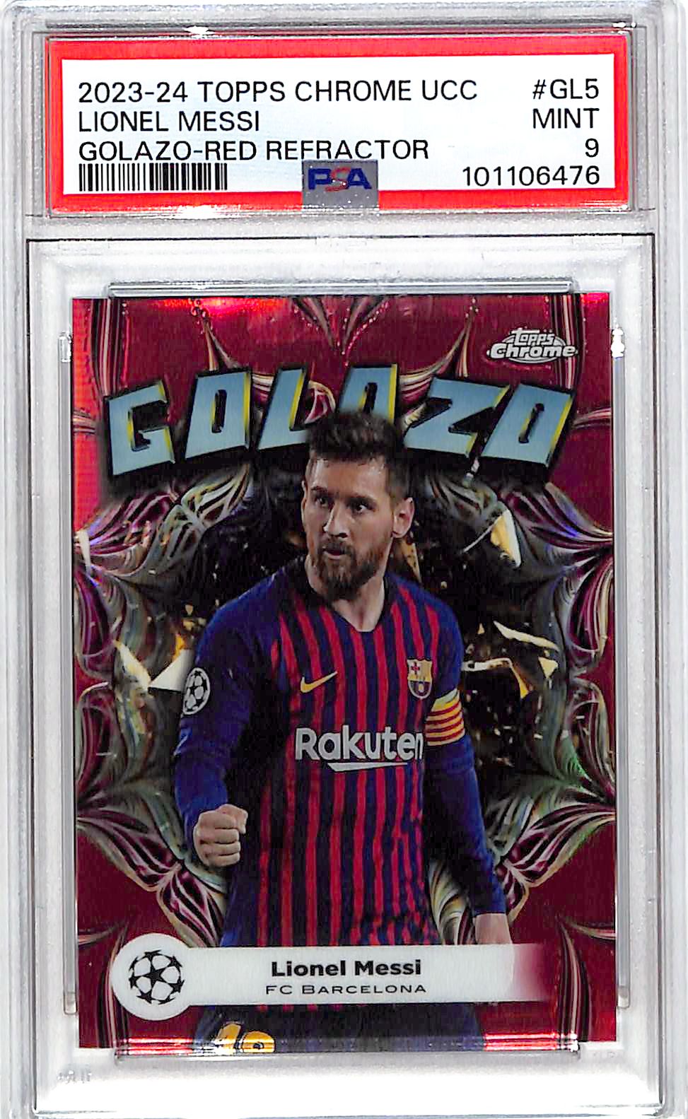2023-24 Topps Chrome UEFA Lionel Messi Golazo Red Refractor /5 PSA 9