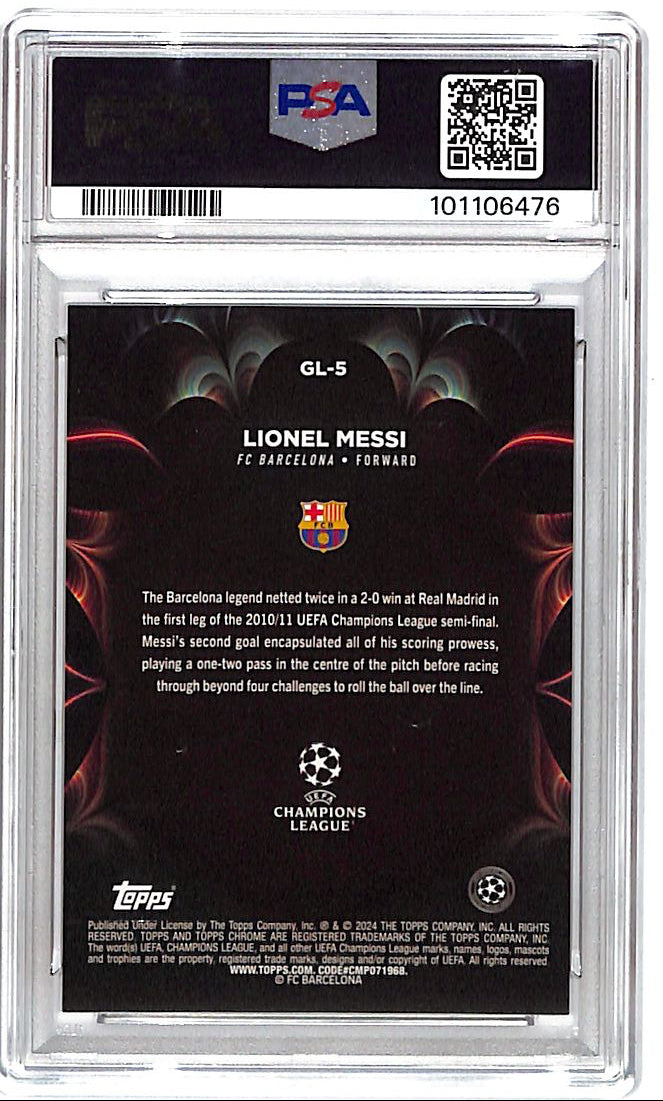 2023-24 Topps Chrome UEFA Lionel Messi Golazo Red Refractor /5 PSA 9