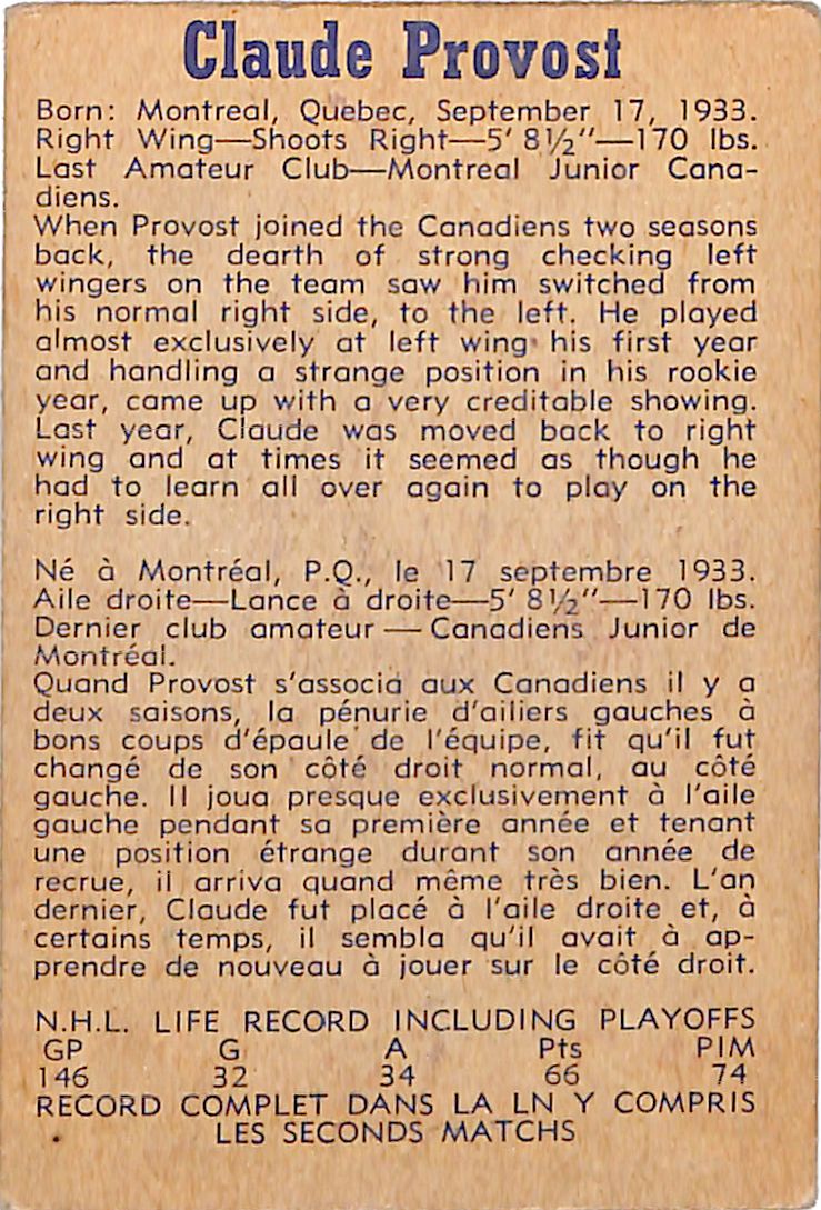 1957 Parkhurst Claude Provost Rookie RC Canadians