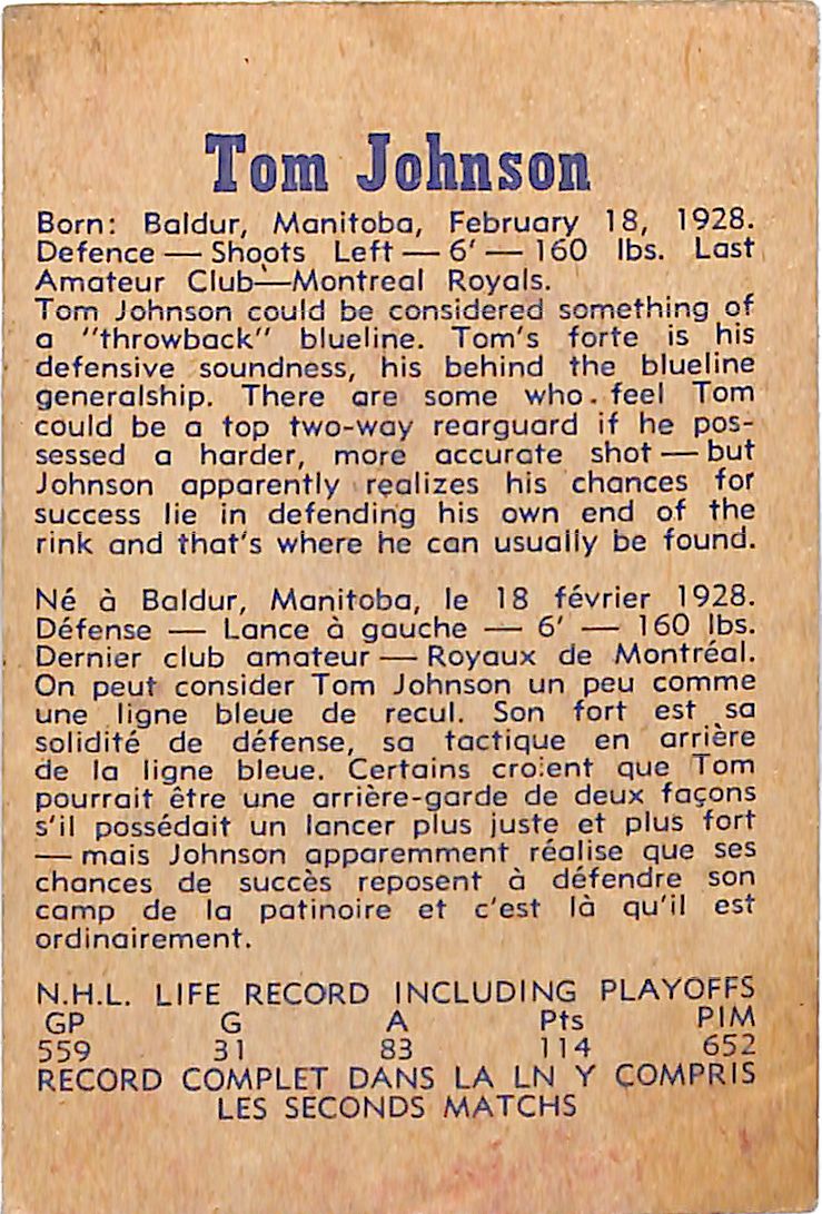 1957 Parkhurst Tom Johnson Canadians