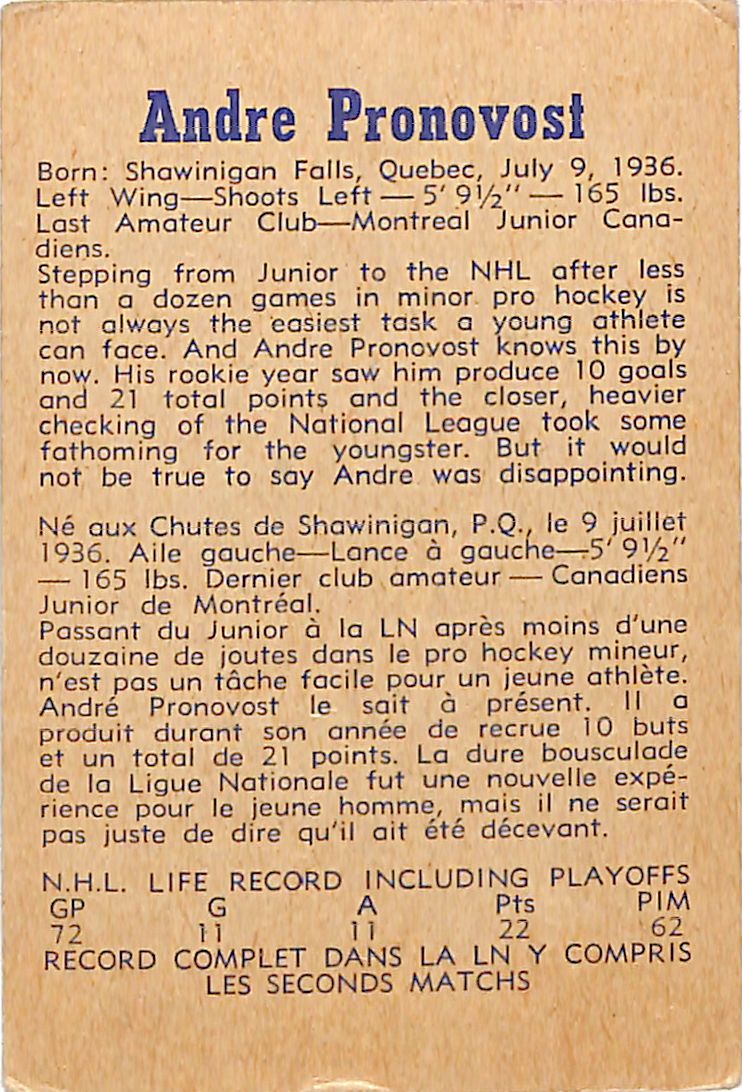 1957 Parkhurst Andre Pronovost Canadians