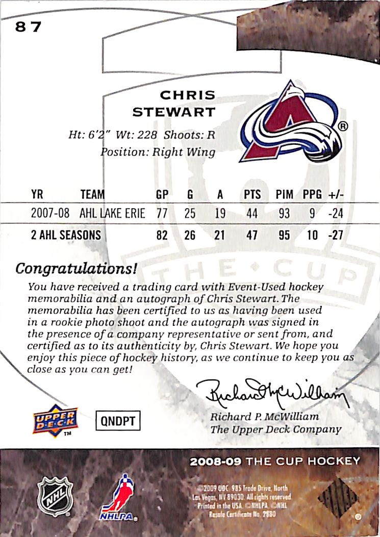 2008-09 Upper Deck The Cup Chris Stewart Auto Autograph Rookie RC Patch /249