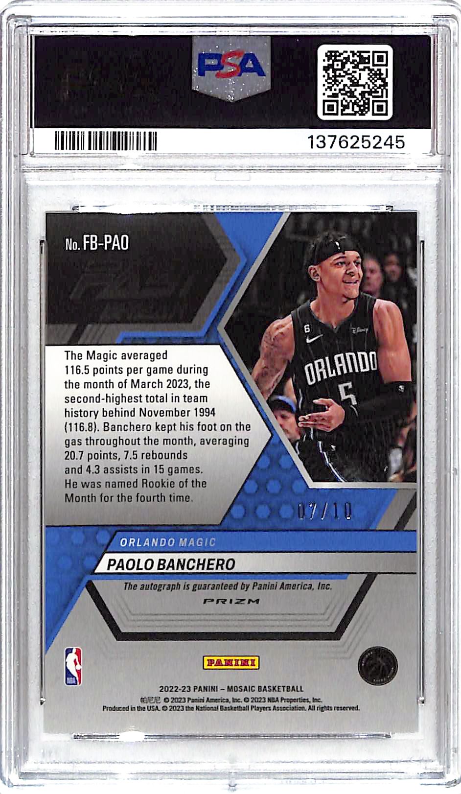 2022-23 Mosaic Paolo Banchero Auto Autograph Rookie RC Gold Fast Break /10 PSA 9