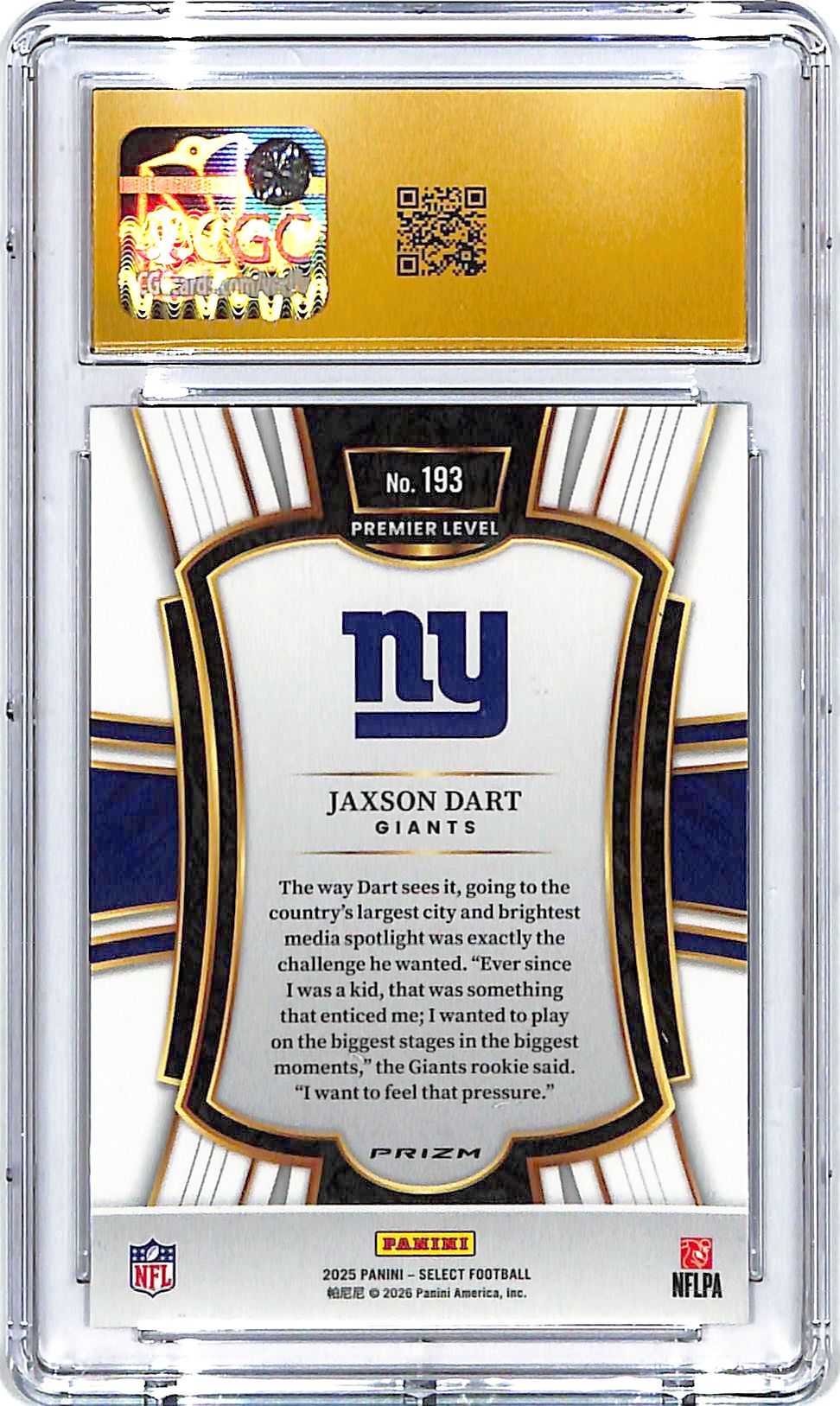 2025 Select Jaxson Dart Black Red Shock Rookie RC CGC 10 Pristine Giants