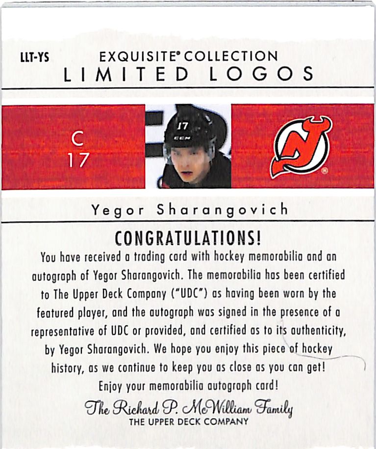 2020-21 Exquisite Collection Yegor Sharangovich Limited Logos Auto Patch Autograph /50