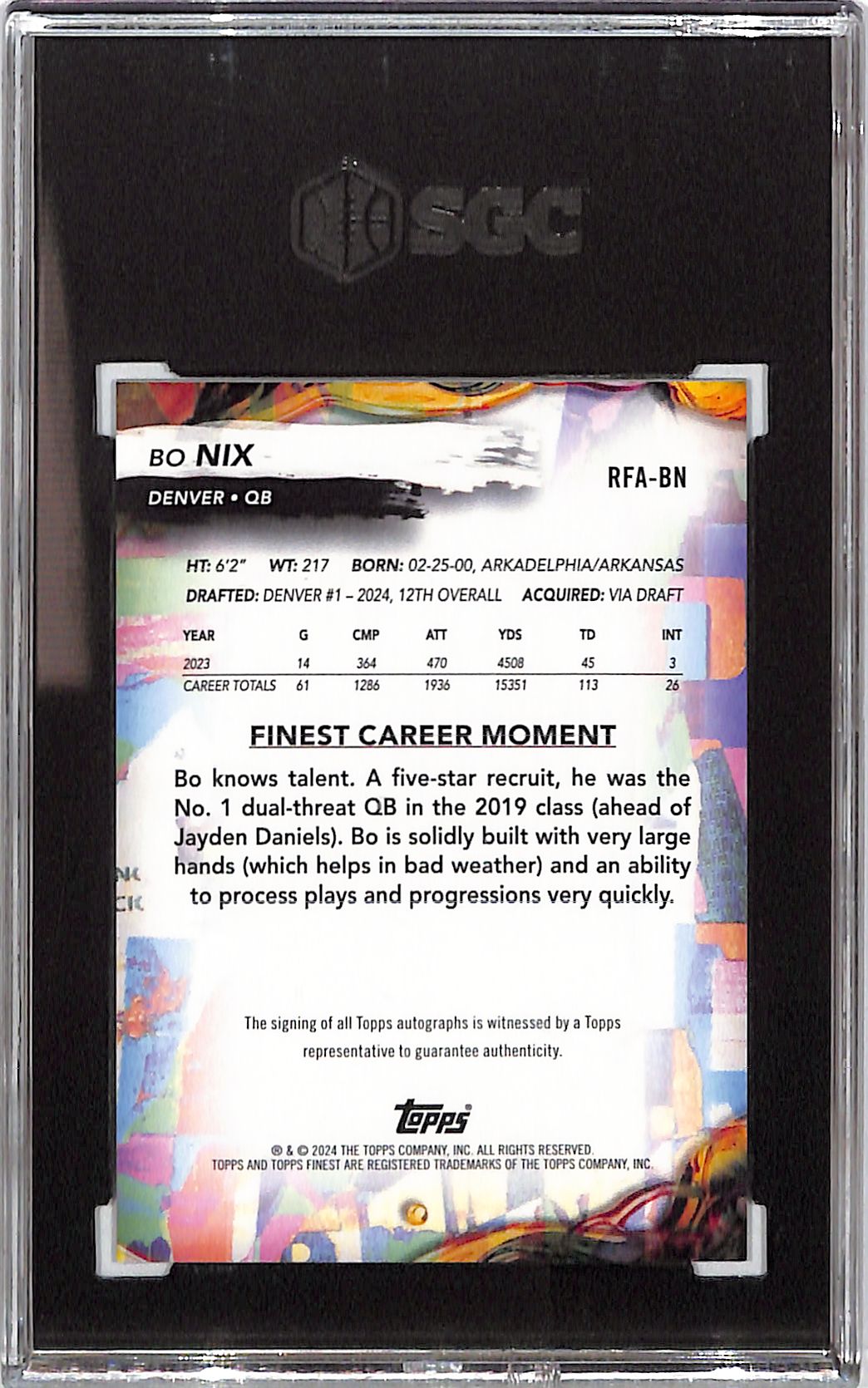 2024 Topps Finest Bo Nix Auto Autograph Rookie RC SGC 10 Broncos