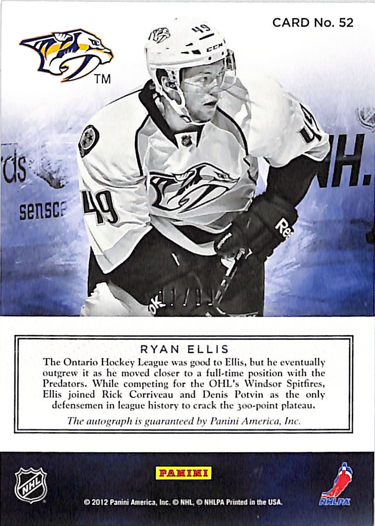 2012-13 Panini Prime Ryan Ellis Auto Autograph /99 Predators