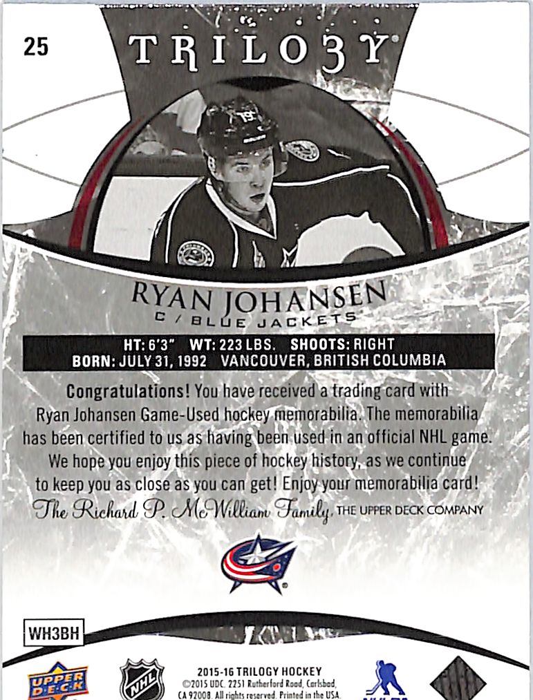 2015-16 Trilogy Ryan Johansen Jersey Patch /45 Blue Jackets