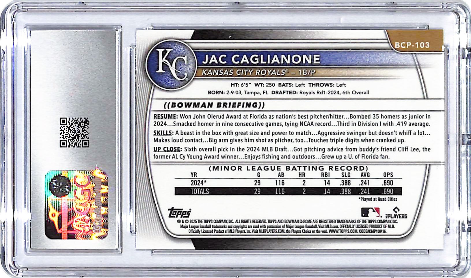 2025 Bowman Chrome Prospects Jac Caglianone Rookie RC CGC 10 Royals