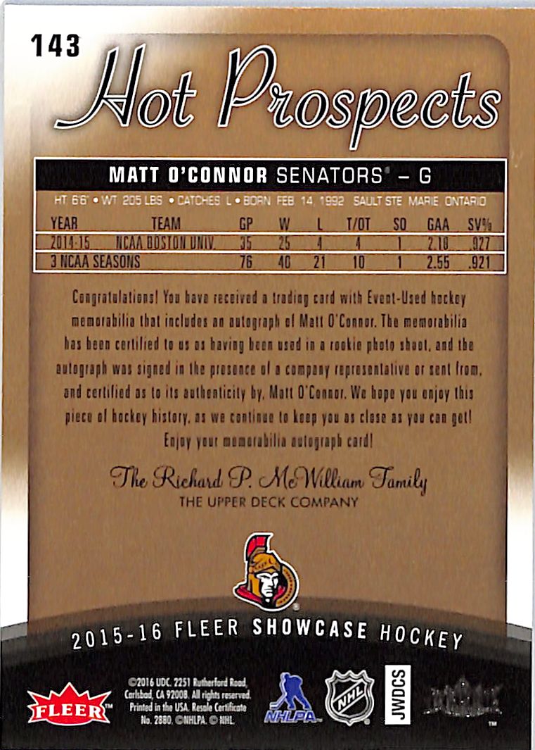 2015-16 Fleer Showcase Matt O'Connor Auto Autograph Patch Rookie RC /499