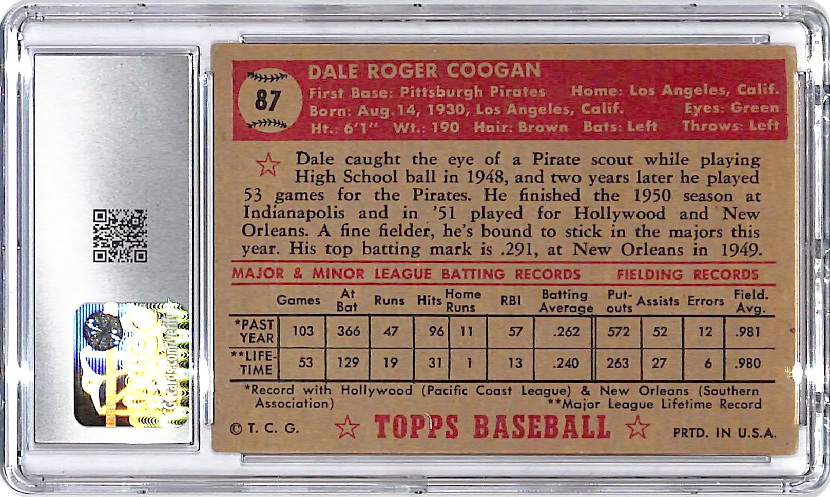 1952 Topps Dale Coogan #87 CGC 3.5 Pirates