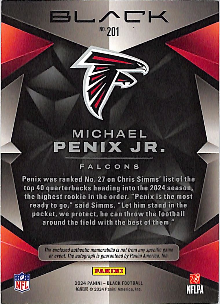 2024 Panini Black Michael Penix Jr Auto Autograph Rookie RC Patch Jersey /75 Falcons