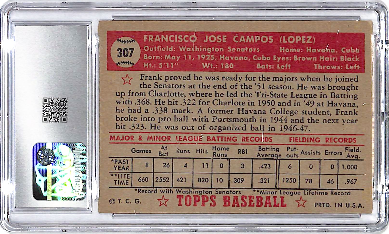 1952 Topps Frank Campos #307 CGC 3.5 Senators