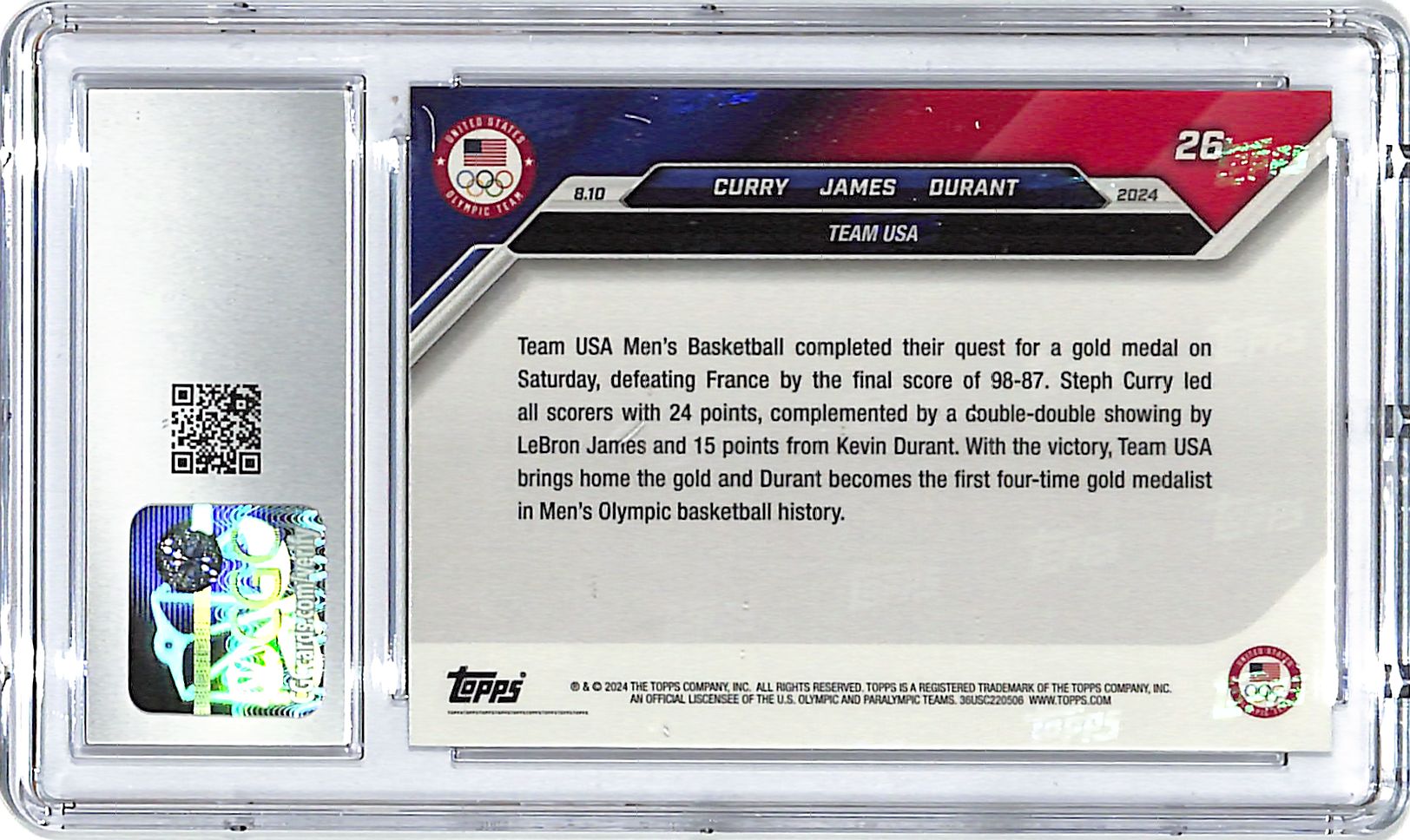 2024 Topps Now Olympic Games Stephen Curry Lebron James Durant CGC 10 #26