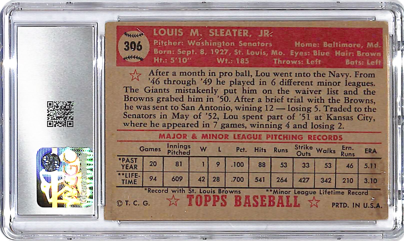 1952 Topps Lou Sleater #306 CGC 3.5 Senators